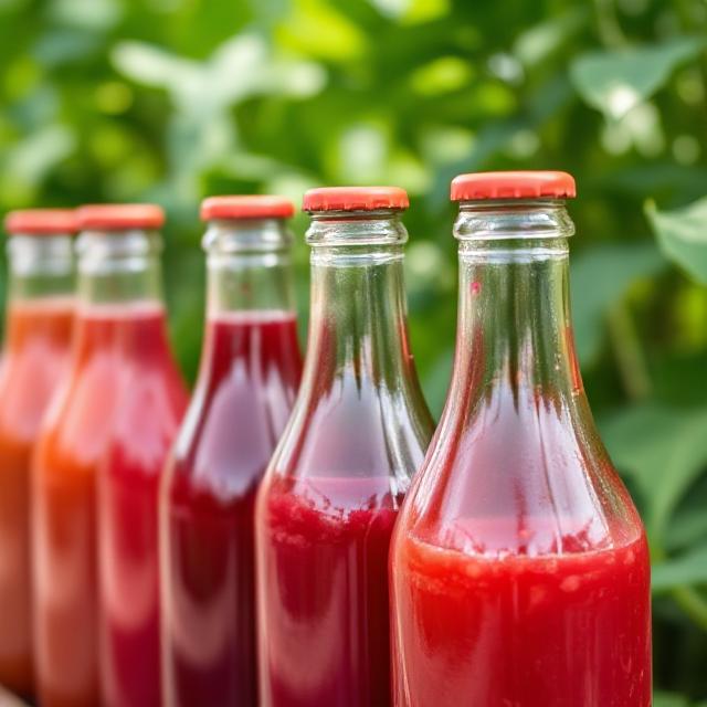 Glass bottles of juice lined up in a sustainable setting