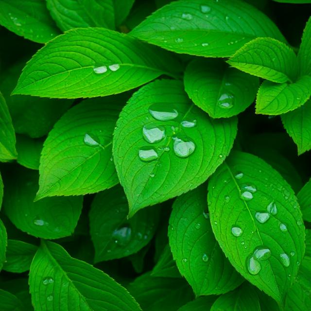 Lush green leaves with water droplets, symbolizing nature and purity