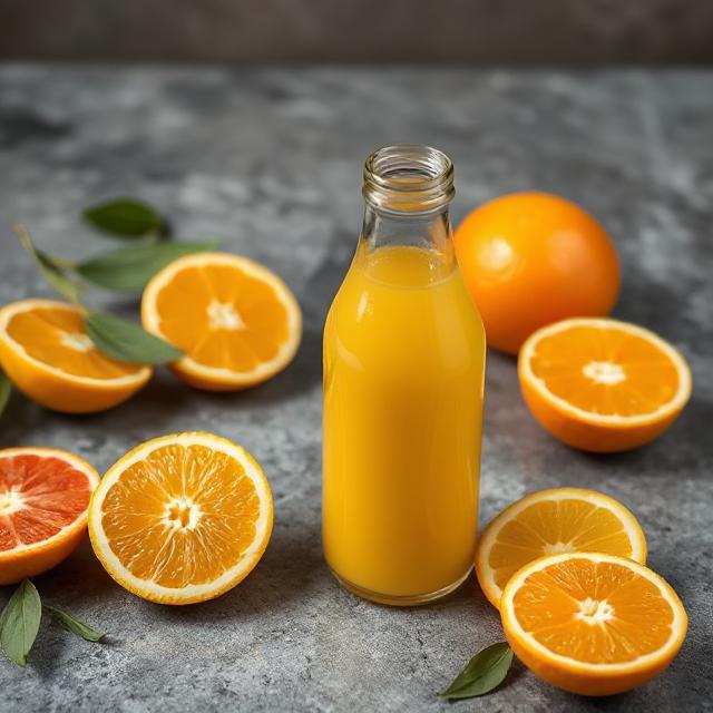 Freshly sliced oranges and a bottle of juice